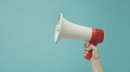 a hand holding a white and red megaphone against a light blue background - obrazy, fototapety, plakaty