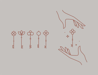 Key collection composition with hands drawing in linear style on beige background