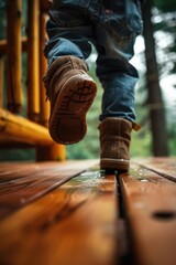 A close up of a person walking on a wooden deck. Perfect for lifestyle or outdoor activity concepts