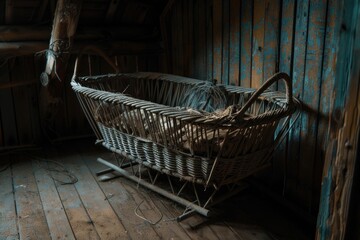 A wicker basket sitting on a wooden floor, suitable for home decor