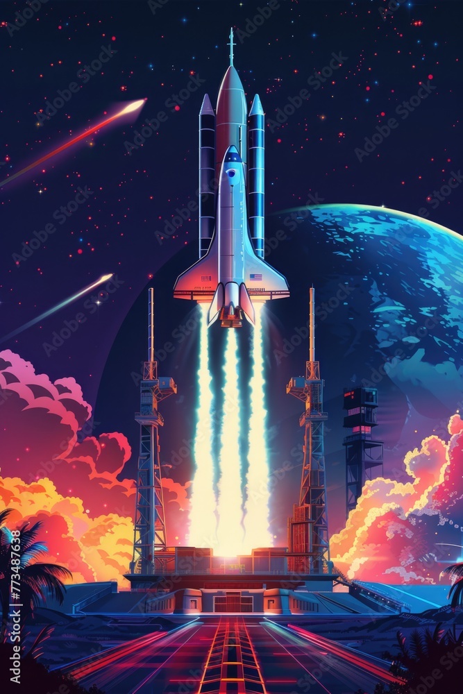 Poster A space shuttle launching into the sky. Suitable for science and technology concepts