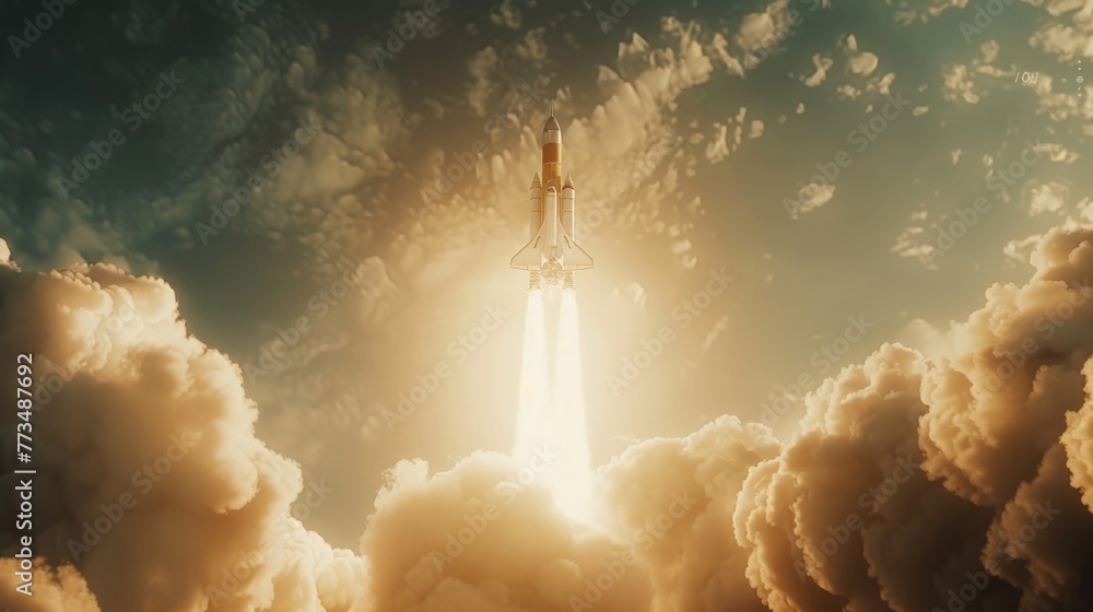 Poster A space shuttle taking off into the sky. Ideal for science and technology concepts