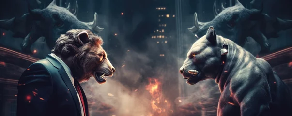 Poster Angry Bulls fight in suits. Bull market bussiness concept. © Michal