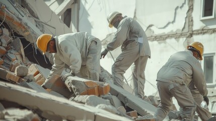 Group of construction workers working on a building. Suitable for construction industry concepts