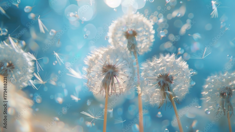 Poster a bunch of dandelions blowing in the wind, suitable for nature and spring concepts