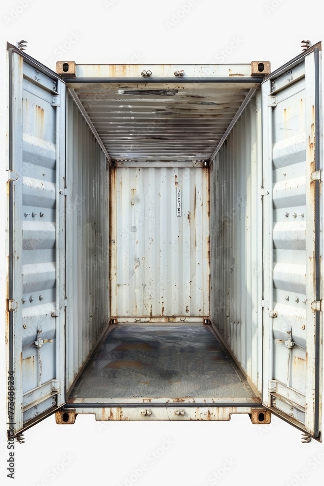 Poster metal container with open door on white background. suitable for industrial and storage concepts