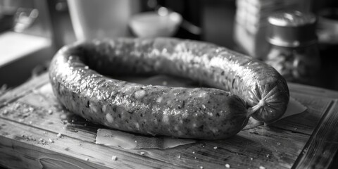 A sausage on a wooden cutting board, suitable for food and cooking concepts