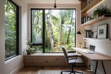 Fototapeta premium A modern home office with a minimalist desk, chair and floating shelves made of light wood against white walls, a large window showing greenery outside with clean lines and natural lighting.