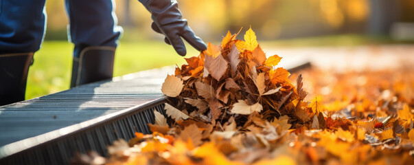 Autumn leaves work . Cleaning roof gutter from fallen leaves. - obrazy, fototapety, plakaty