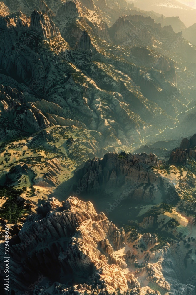 Aufkleber a stunning aerial view of a mountain range illuminated by the sun. ideal for nature and travel conce