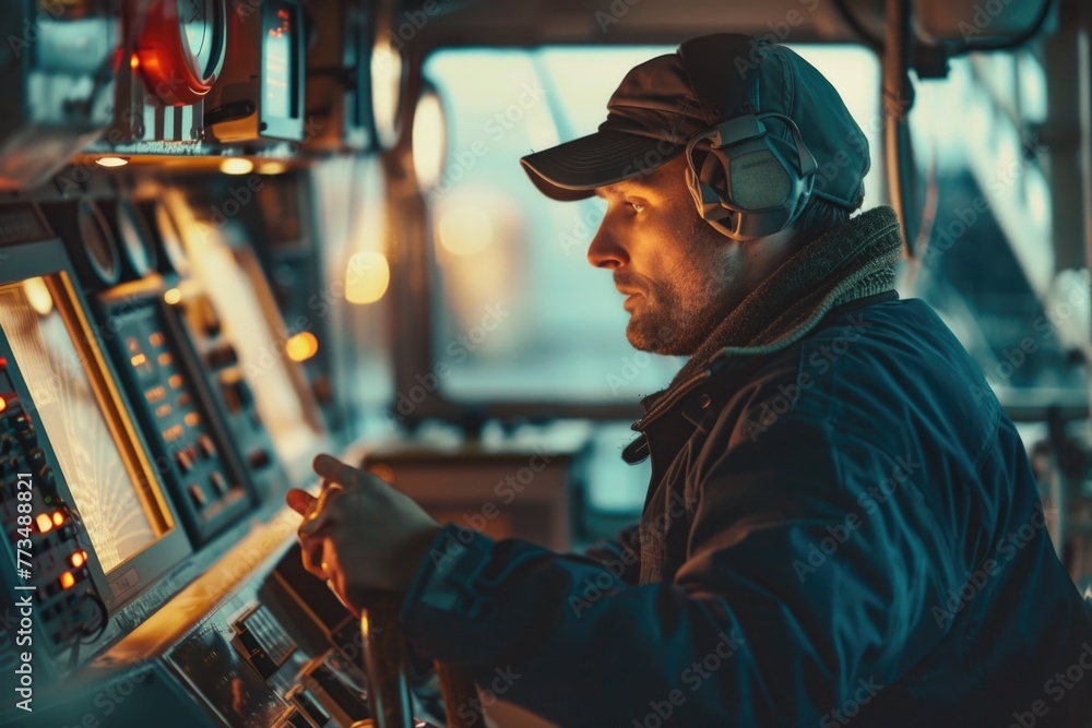 Poster A man in a hat operating a control panel. Suitable for technology concepts