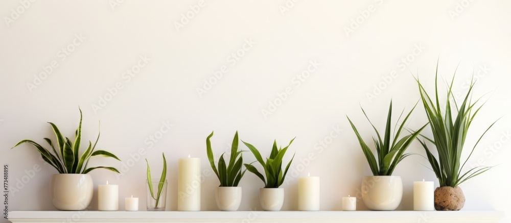 Poster various types of plants are displayed in different vases on a shelf in a beautifully decorated inter