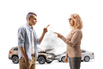 Woman and a young man having an argument about a car crash