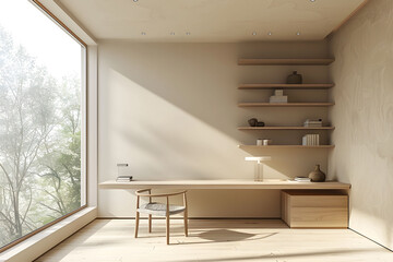 Fototapeta premium A modern home office with a minimalist desk, chair and floating shelves made of light wood against white walls, a large window showing greenery outside with clean lines and natural lighting.