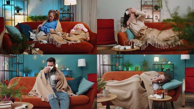 Collage of ill sick men woman child portraits diverse gender, different ages ethnicity. People suffering from cold or allergy, sneezes wipes snot into napkin sits at home room. Coronavirus pandemic