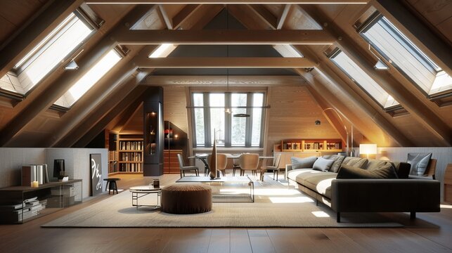 The 3D design concept showcases a beautifully modernized attic interior, highlighting contemporary aesthetics and functionality.




