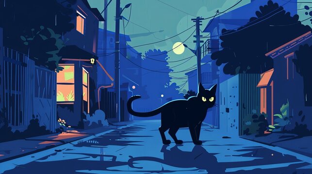 In the quiet of the night, a black cat crosses a deserted street. This scene is depicted in a vector flat illustration.





