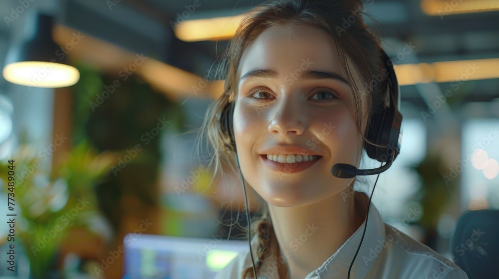 Poster a woman working with a headset at her computer. suitable for business and technology concepts