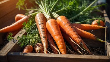 ripe carrots in a wooden box in the garden summer harvest - obrazy, fototapety, plakaty