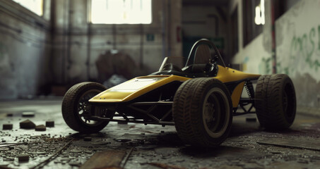 A bright yellow race car parked on a dirty floor. Perfect for automotive and racing themes - obrazy, fototapety, plakaty