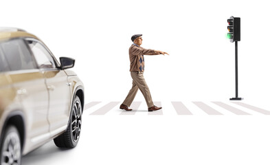 Full length profile shot of an elderly man sleepwalking at a street in front of a vehicle