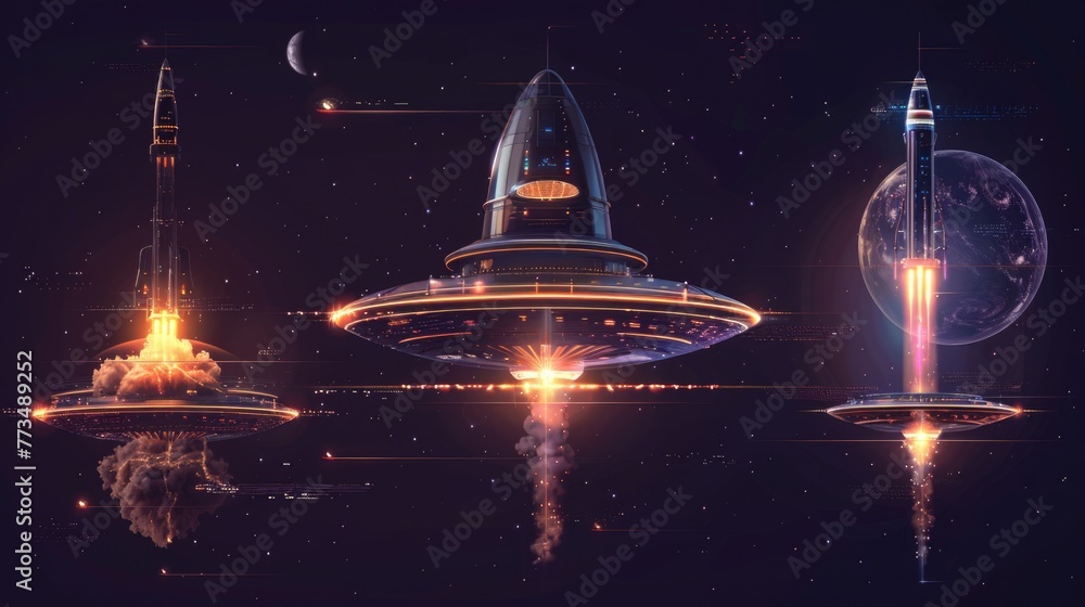 Poster spaceships flying through a star-filled space, suitable for sci-fi concepts