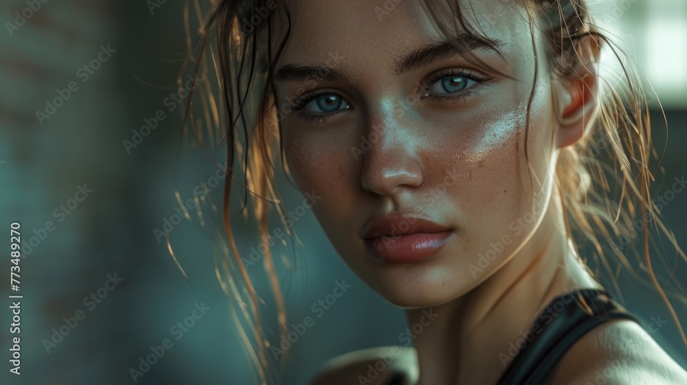 Poster Close up of a woman with a wet face, suitable for beauty and skincare concepts