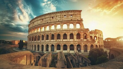 The Roman Coliseum at sunset, empty and in summer, in Italy.
