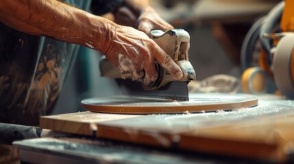 A person using a grinder on a piece of wood. Suitable for woodworking projects - obrazy, fototapety, plakaty