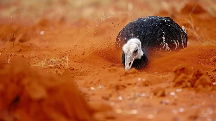 Fotobehang An ostrich with its head in the sand in Tsavo East National Park, Kenya, Africa. © Marry