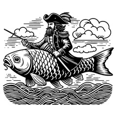 Pirate captain riding fish sketch PNG - obrazy, fototapety, plakaty