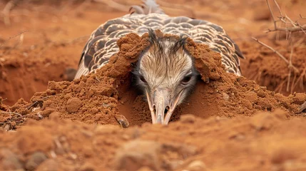 Fotobehang An ostrich with its head in the sand in Tsavo East National Park, Kenya, Africa. © Marry