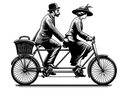 Vintage Couple Riding Tandem Bicycle sketch PNG