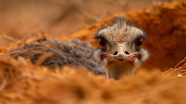 An ostrich with its head in the sand in Tsavo East National Park, Kenya, Africa.
