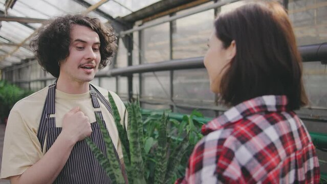A male sales consultant gives advice to the buyer on caring for plants. A male plant botanist communicates with a visitor to a plant store. A girl wants to buy a green plant in a store