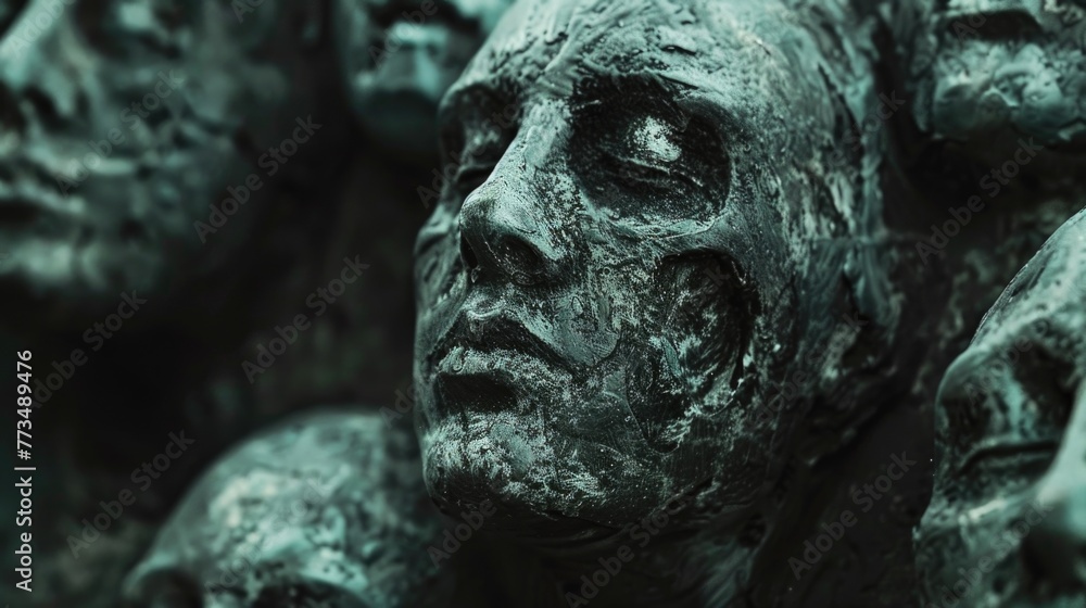 Poster detailed close-up of a statue depicting a man's face. suitable for various artistic projects