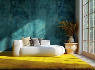 Modern interior design of a living room with a yellow carpet and a white sofa near a window on a dark teal wall, a home decor concept