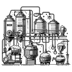 Beer brewing process factory sketch PNG