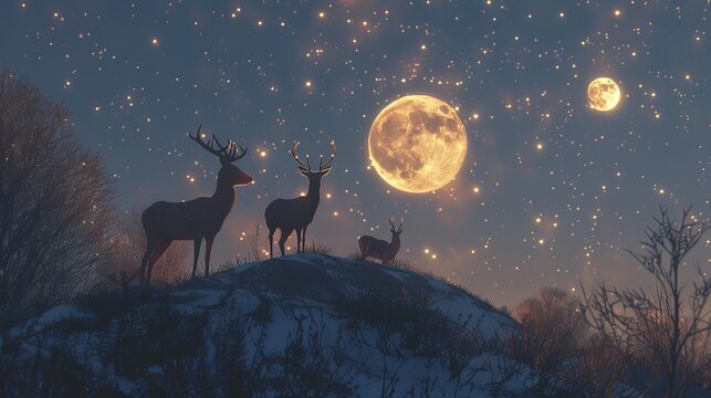 A deer stands atop a hill, illuminated by the gentle glow of the moonlight.





