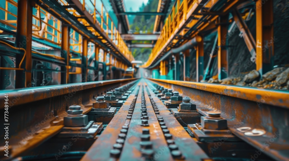 Poster detailed view of a long train track with numerous bolts. ideal for transportation and infrastructure