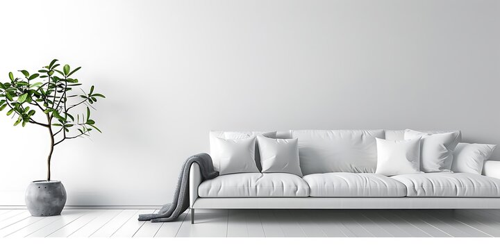 Modern interior design of a living room with a sofa and copy space on a white wall background, in a minimal concept, 3D rendered mockup, stock photo for an advertising banner template, high definition