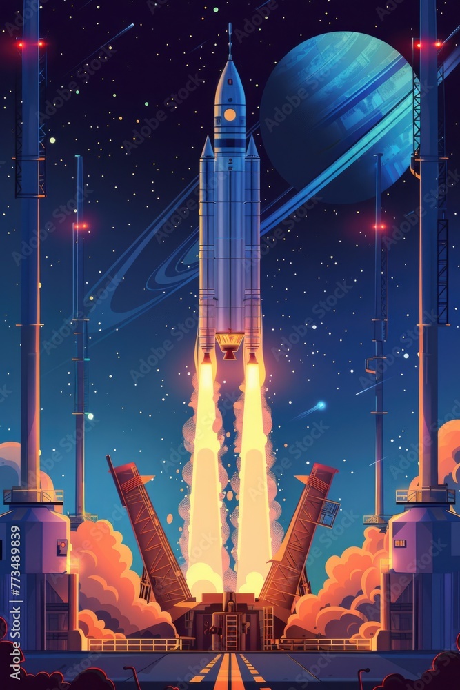 Poster A space rocket launching into the sky with Saturn in the background. Ideal for science and technology concepts