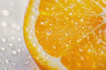 Close up of a juicy orange slice with refreshing water droplets, perfect for food and drink concepts