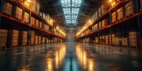 A warehouse filled with cardboard boxes on pallet racks in a modern logistic center. Concept Logistic center, Pallet racks, Cardboard boxes, Warehouse, Modern architecture - obrazy, fototapety, plakaty