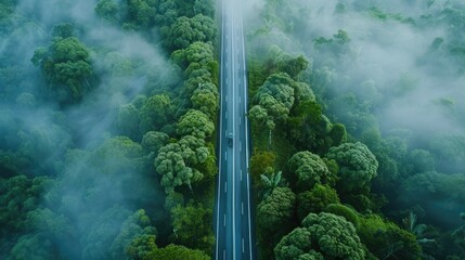 Aerial view of a road cutting through a dense forest. Suitable for travel and nature themes