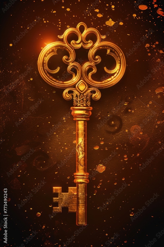 Aufkleber A shiny golden key displayed on a dark black surface. Ideal for concepts related to security and access control