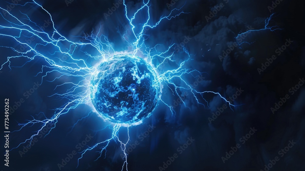 Poster a dramatic image of a ball of blue lightning in a dark sky. ideal for illustrating extreme weather c