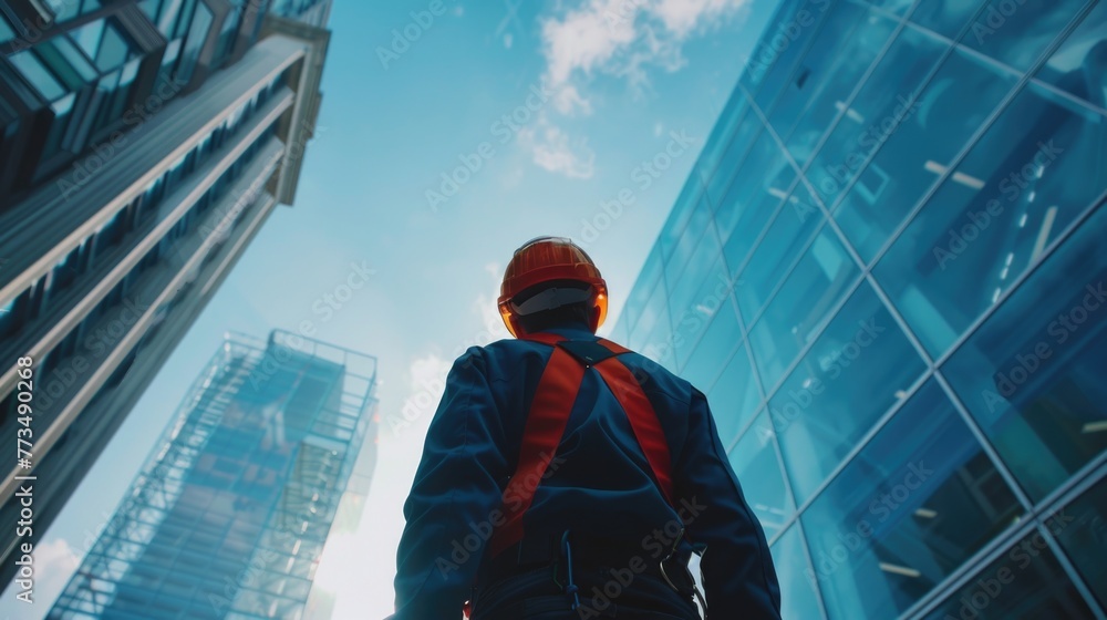 Poster A man in a red hat and blue jacket standing in front of a tall building. Suitable for urban concepts