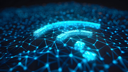  Blue digital wireless network icon with abstract connection lines on a dark background. Abstract digital background of wifi icon with blue glowing connections on a dark background.