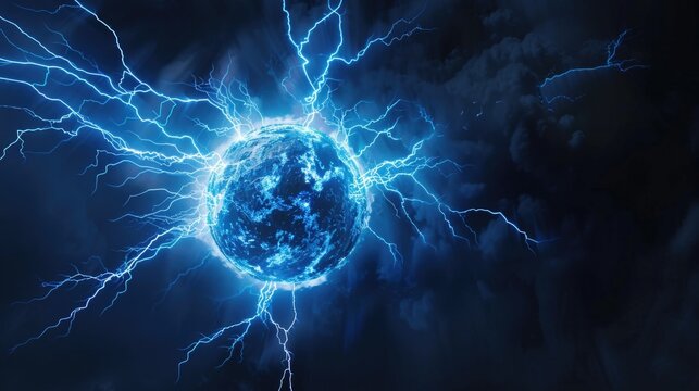 A dramatic image of a ball of blue lightning in a dark sky. Ideal for illustrating extreme weather conditions